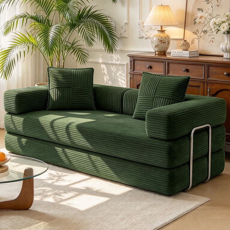 Canapé-lit de sol convertible de 63 po en velours côtelé 4-en-1 pour salon, sans assemblage requis, Vert