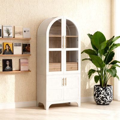Grand garde-manger arqué de 71 po avec tablettes de porte, armoire de rangement de style campagnard avec tablettes ouvertes et réglables, tiroir caché et porte vitrée, armoire de cuisine, salle à manger, blanc