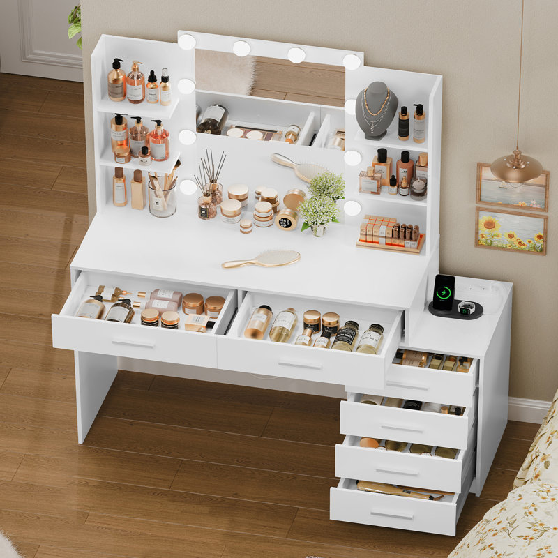 Grande coiffeuse avec miroir et lumières, coiffeuse avec 6 grands tiroirs et station de charge, coiffeuse, ensemble de coiffeuse pour chambre à coucher, blanc