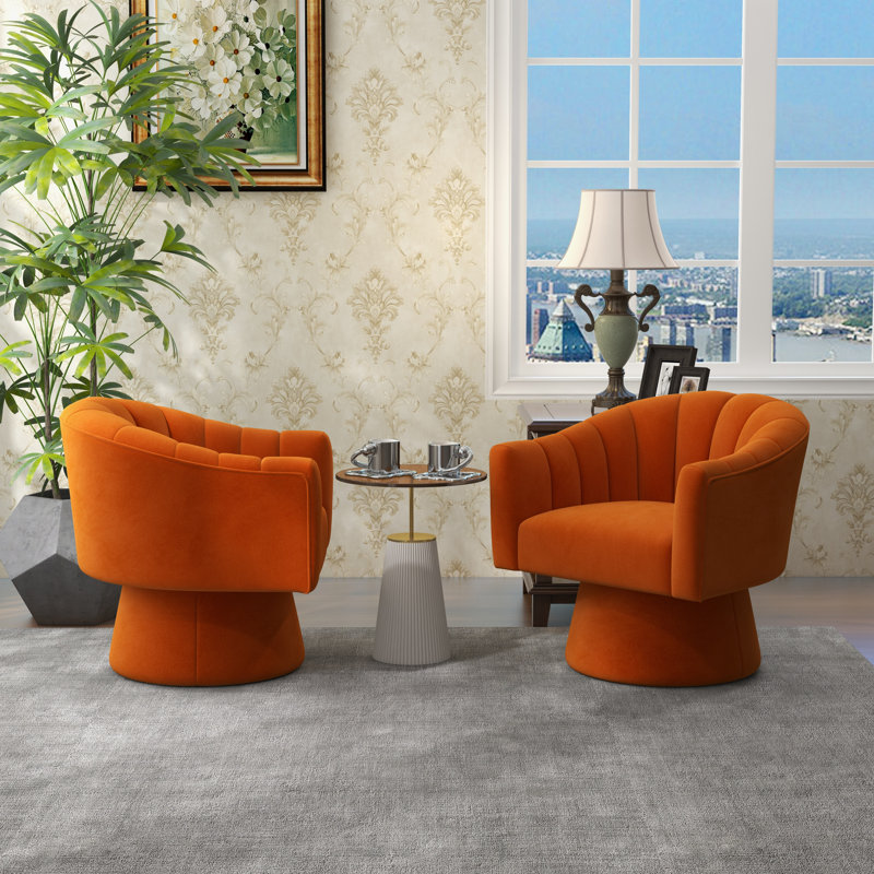 Iryanna 25.2'' Wide Tufted Swivel Barrel Chair, Orange Velvet, 2