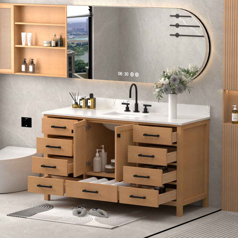 60" Solid Wood Freestanding Bathroom Vanity With Engineered Stone Top, Natural Wood, Matte Black