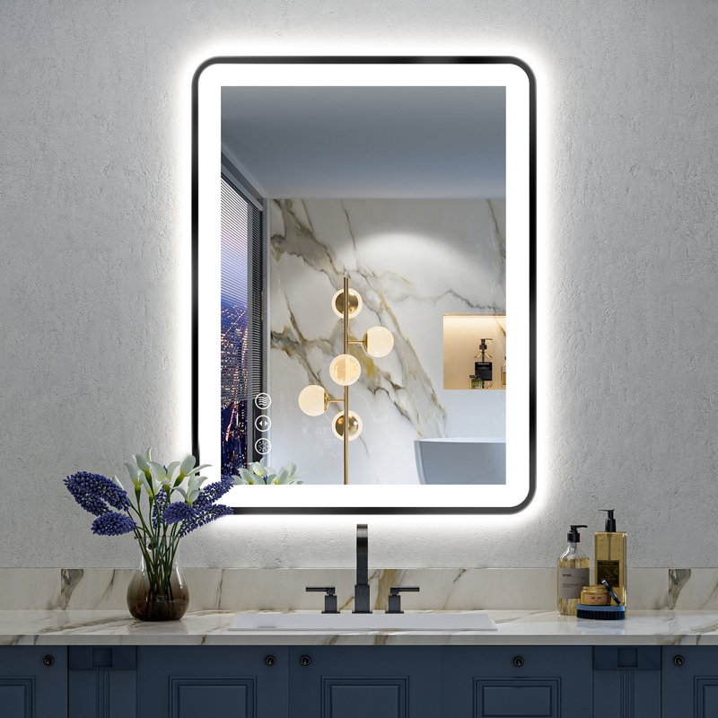 Hyosvany Matte Black Matel Framed LED Vanity Mirror with Front-lit and Back-lit, Memory Function, 3 Color Temperatures, Dimmable Light & Anti-fog Tempered Glass Mirror