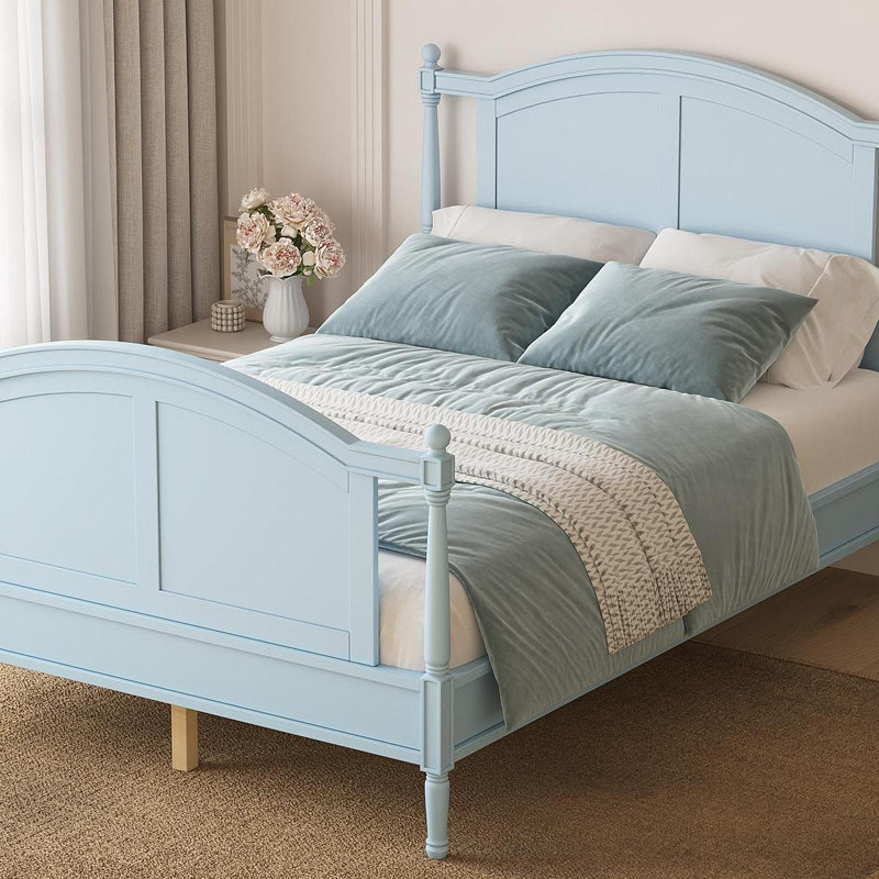 Cadre de lit double traditionnel en bois traditionnel, lit en bois de style campagnard avec tête et pied de lit arqués, cadre de lit à panneau Cottage avec poteaux à broche et support à lattes, aucun sommier nécessaire, bleu clair