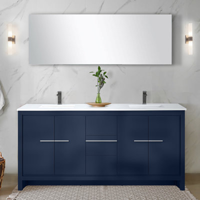 Navy Blue Double Bath Vanity 72 In. W X 20 In. D, White Quartz Top And Gun Metal Faucet Set