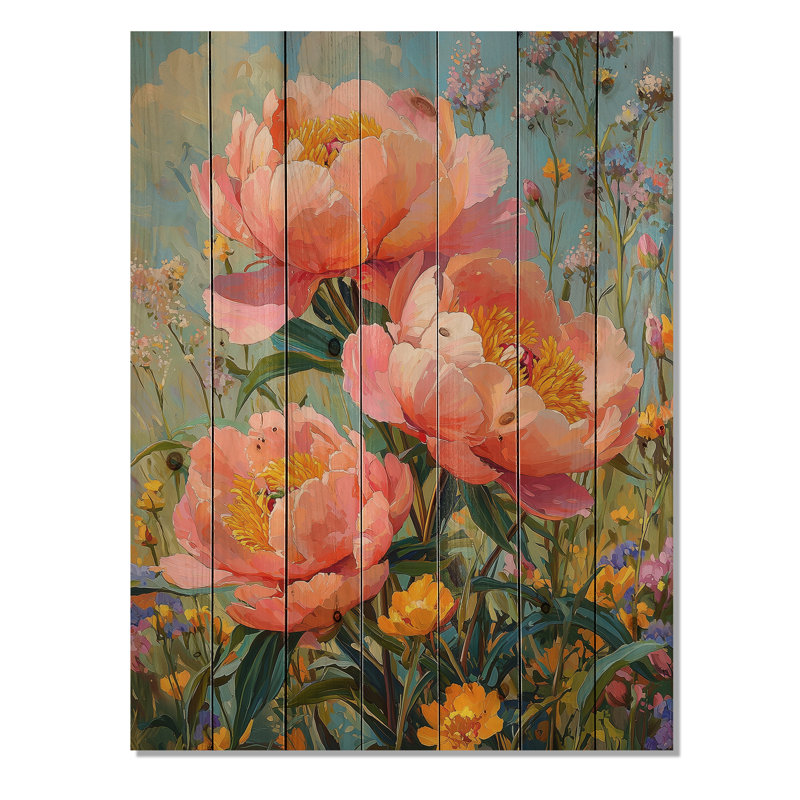 Peonies In The Wildflower Patch II - Peonies Wood Print - On Natural Pine Wood, 20" H x 10" W x 0.78" D