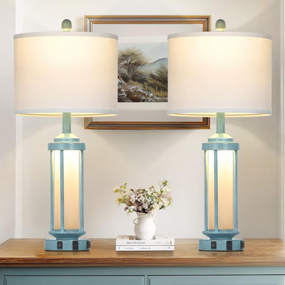 Set of 2 27" Rustic Farmhouse Table Lamps - Vintage Industrial Bedside Lamps with USB A+C Ports & AC Outlet for Living Room & Bedroom