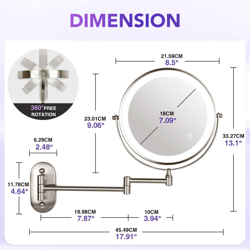 Miroir de maquillage mural 8,5 po, Nickel brossé