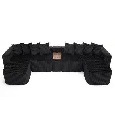 137.5" U Shaped Sofa , USB & Wireless Charge, Coffee Table Board With A Cup Holder, Oversize Movable Modular Sofa,Movable Footstool,No Assembly,6 Seats,Corduroy,Black