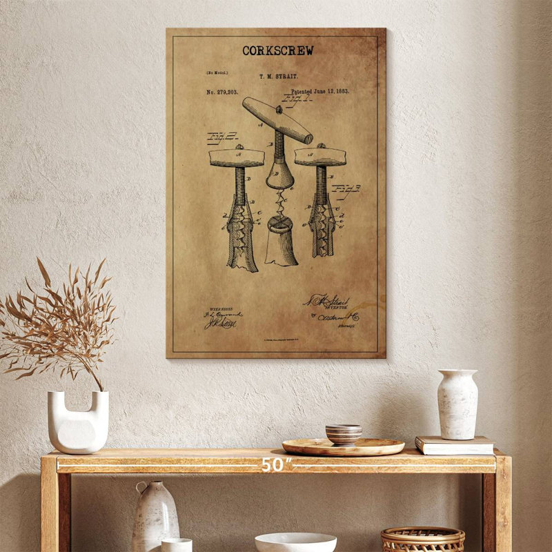 Tire-bouchon breveté sur toile, H 39 po x l 26 po x P 1,25 po