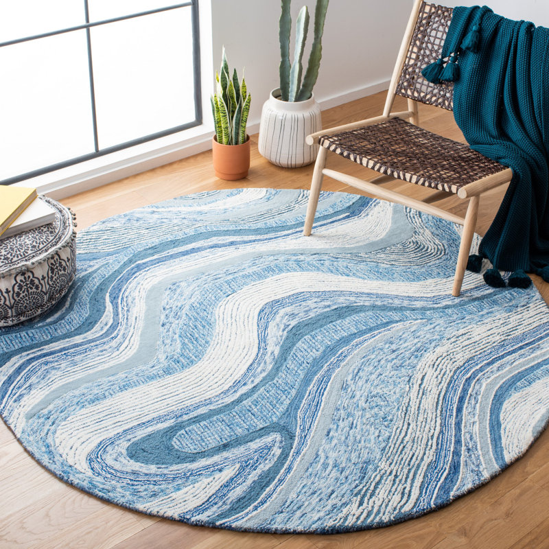 Tapis bleu clair / ivoire en laine touffeté à la main à motif abstrait Albrian, Rond 6 pi