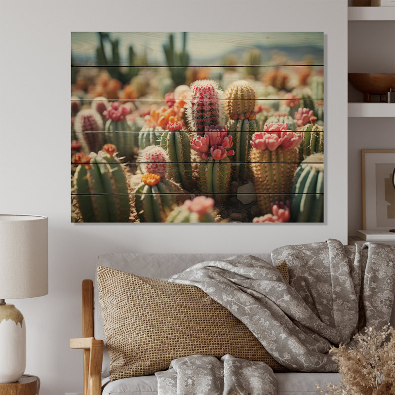 Cactus vert et rose I sur bois, H 24 po x l 32 po x P 0,78 po