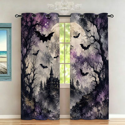 2Pcs Halloween Themed Curtains, Dark Forest Bat Castle Moon Print Window Drapes, Artistic Room Decor Panels for Living Room Bedroom Kitchen Home Office