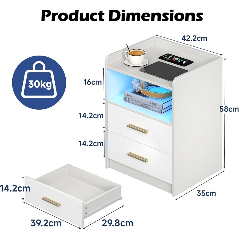 42.2 cm W Bedside Table, White Set of 1