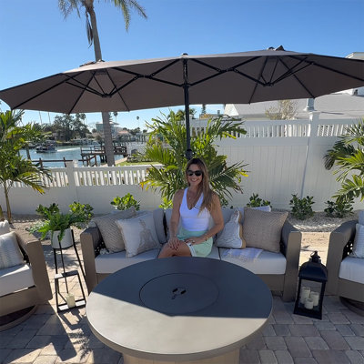 Parasol 14 pi gris clair pour terrasse de marché avec base rectangulaire à double face avec parasol et manivelle 12 baleines robustes robustes pour piscine