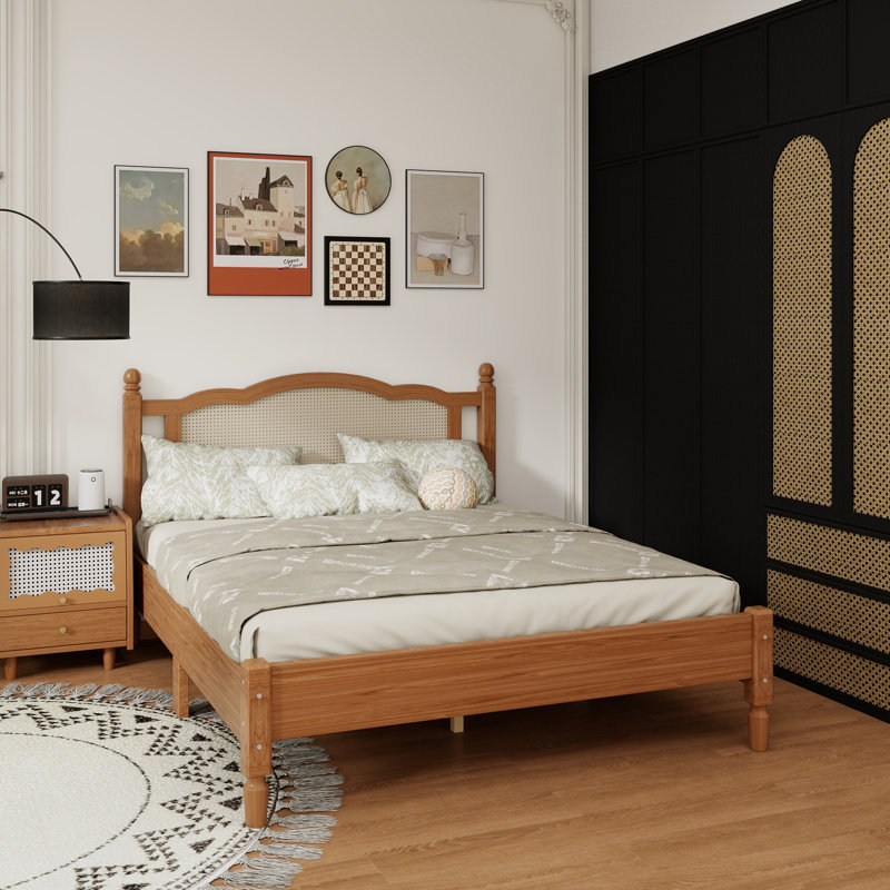 Wooden Platform Bed With Natural Rattan Headboard, Vintage Bed Frame With Wooden Slat Support, Queen, Walnut