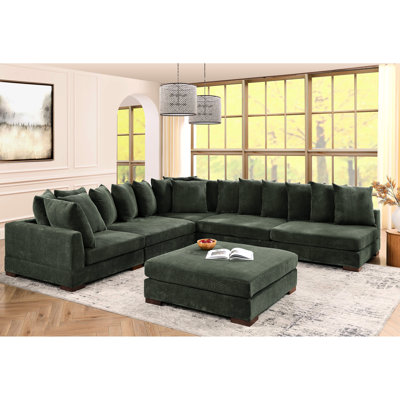 Canapé-lit d'angle modulaire 5 places en velours côtelé foncé, avec de larges assises, 16 coussins décoratifs, design flexible pour différentes configurations d'intérieur, assises confortables et fermes, montage sans outil