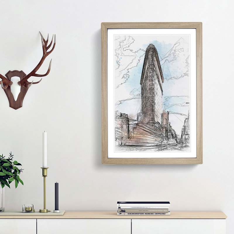 Flatiron Building in New York in Abstract - Picture Frame Graphic Art Print, Oak Framed, 65cm H x 48cm W x 2cm D