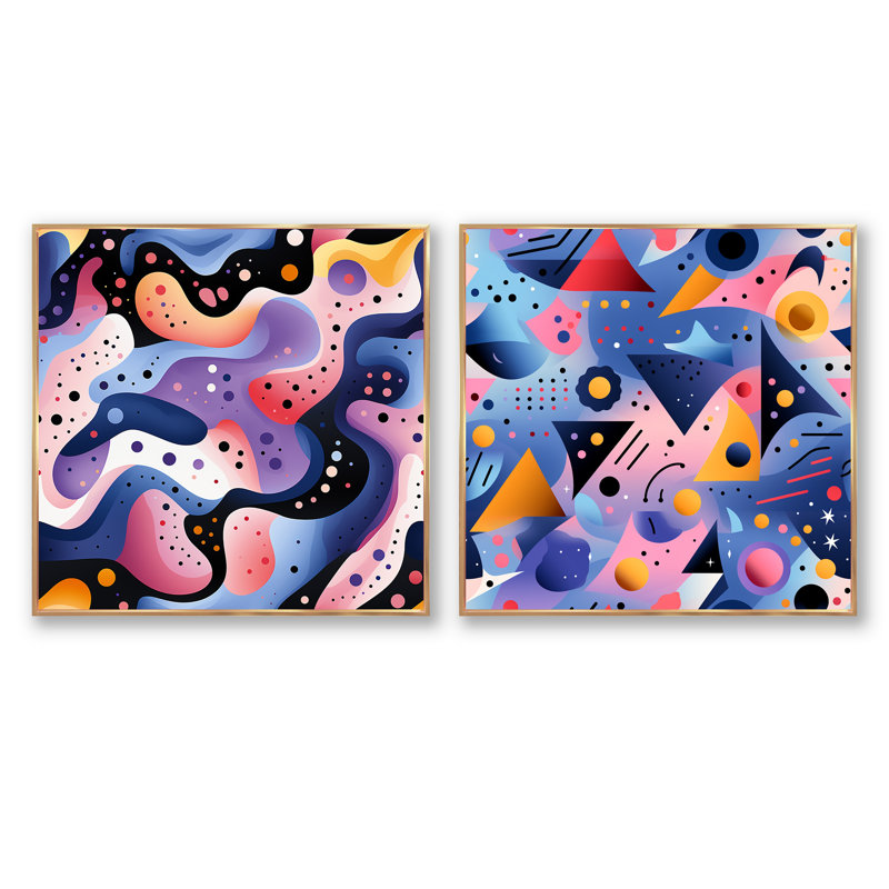 Dafin - Ensemble de 2 collages carrés à formes abstraites, Cadre flottant doré, H 30 po x l 61 po