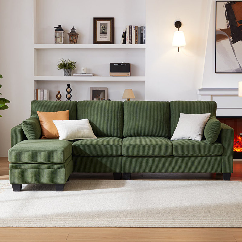 Corduroy Modular Sectional Couch with Ottoman Chaise, L Shaped 4-seat Sofa for Living Room, Apartment, Lounge, Modern Armrest Neck Support Furniture
