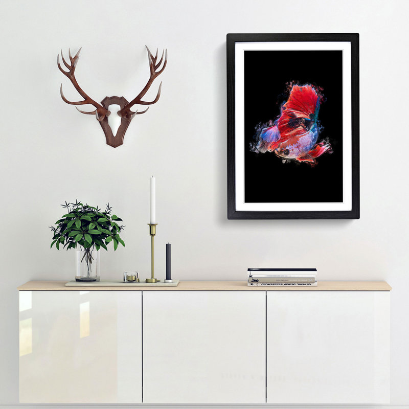 Eye-Catching Red & Blue Fish in Abstract - Picture Frame Painting Print, 48cm H x 36cm W x 2cm D, Black Framed