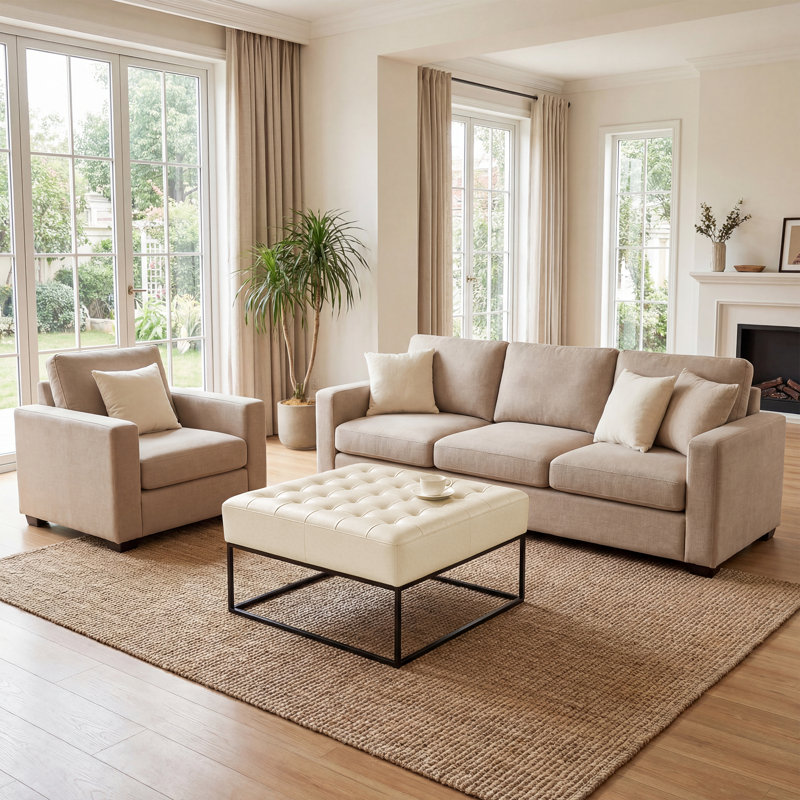 Owen Genuine Leather Square Ottoman, White