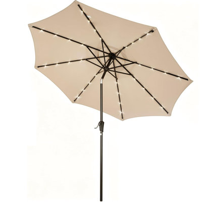 9 Ft. Solar LED Patio Umbrella with 32 Lights, Outdoor Market Umbrella with Crank Lift & Push-Button Tilt, 8-Rib Iron Frame Sun Shade for Deck, Garden, Pool & Backyard
