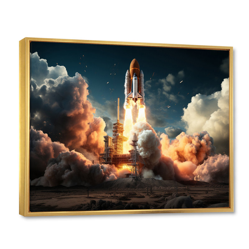 Lancement de fusée I sur toile, Cadre flottant doré, H 30 po x l 40 po x P 1,5 po