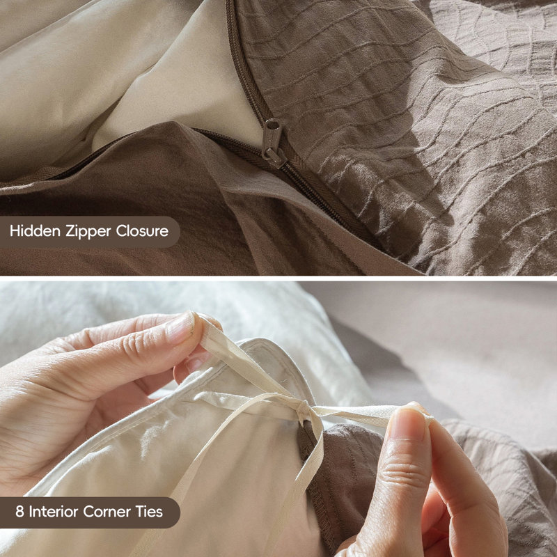 MooMee Wavy Striped Duvet Cover Set with Zipper Closure & 8 Corner Ties 100% Washed Cotton Linen Like Textured Breathable Lightweight