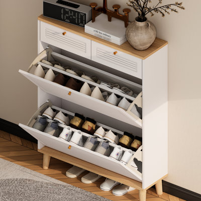 Narrow Shoe Organizer For Compact Spaces, Cabinet With 2 Flip - Up Doors And Drawers, Freestanding Design, White Natural Color Scheme, Adequate Storage, Unique Door Feature, , Easy Installation Small