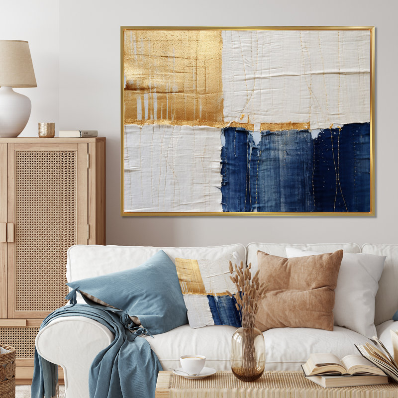 A Touch of Gold and Kings Blue - peinture abstraite, art mural, H 30 po x l 40 po x P 1,5 po, Cadre flottant noir