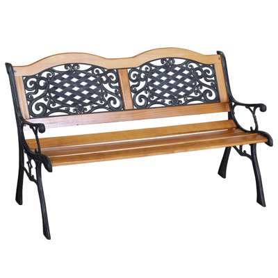 Banc d'extérieur de 127 cm avec assise en bois et en métal, idéal pour se détendre dans le jardin, sur la terrasse, la pelouse ou au bord de la piscine. Style classique et antique. Aéré et naturel.