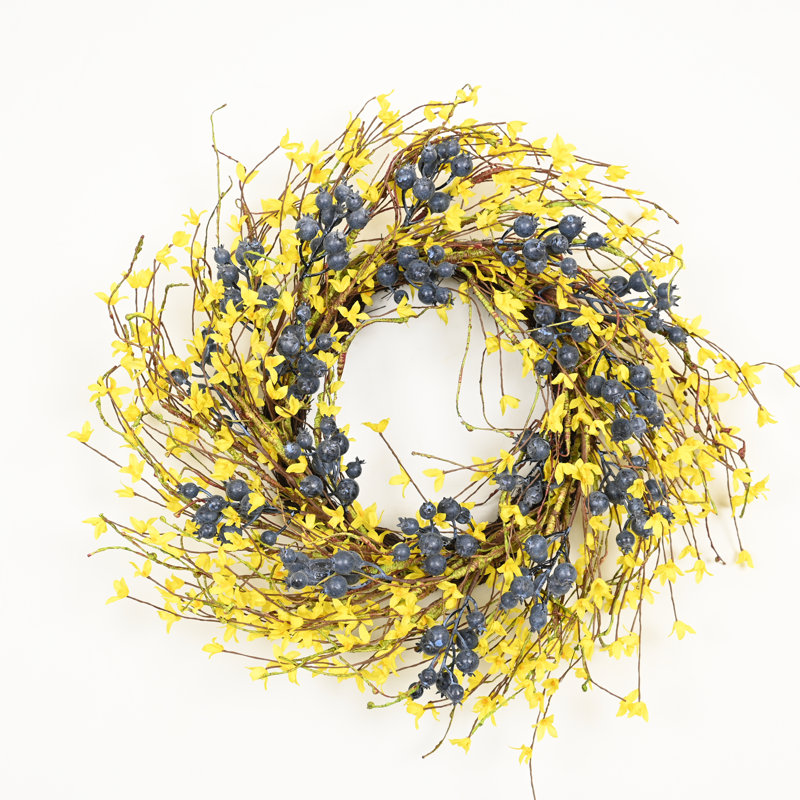 Couronne florale artificielle 24 po Forsythia, Bleu/jaune