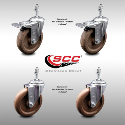 5 Inch SS High Temp Glass Filled Nylon 3/8 Inch Stem Caster Set 2 Lock Brake SCC