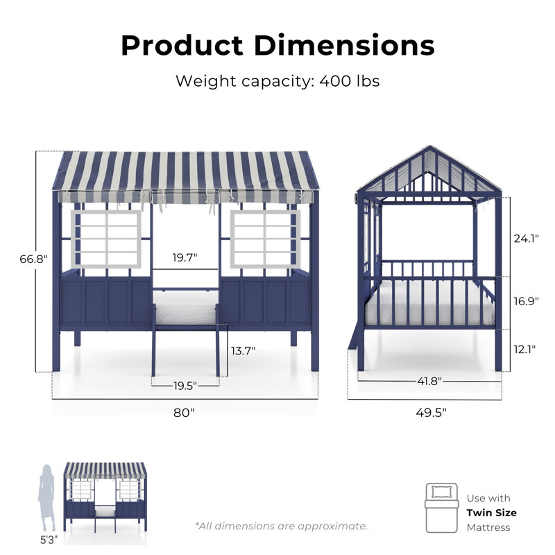 Forest Metal Twin Loft Bed with Playhouse Canopy, White/Blue