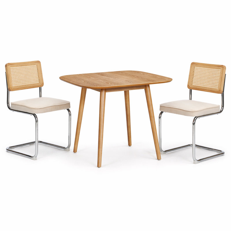 3 Piece Dining Set For 2 With Rattan Back Chairs, Brown, Beige