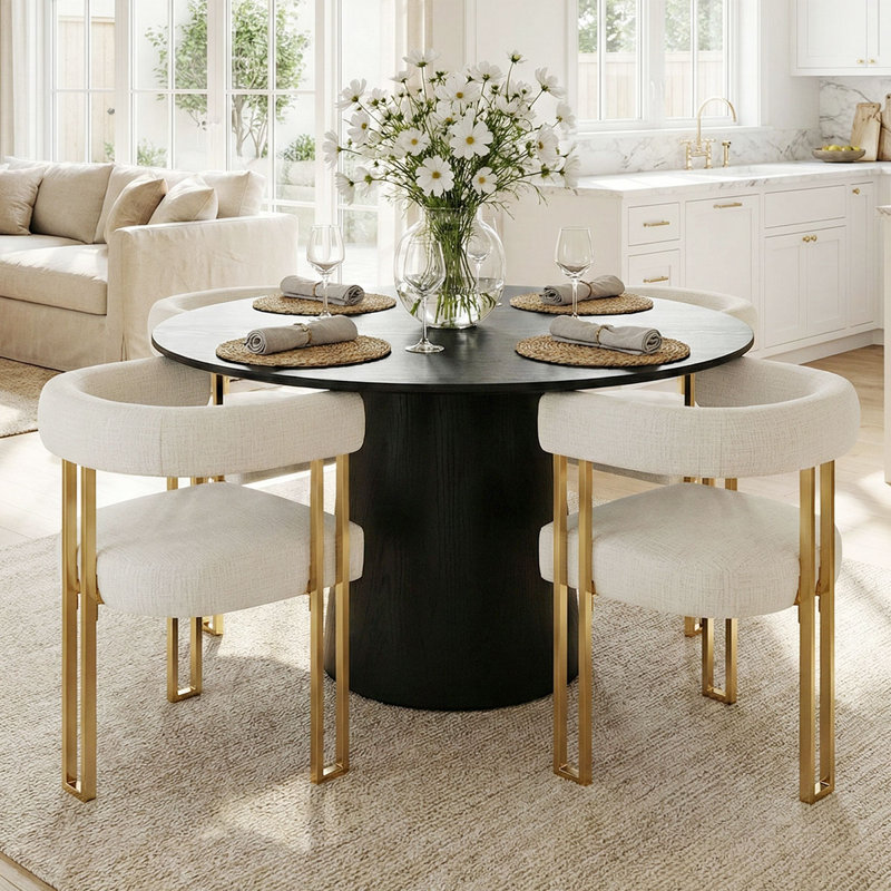 Ensemble de table de salle à manger 4 personnes Bingham avec table ronde de 52 po et 4 chaises en chenille rembourrées or
