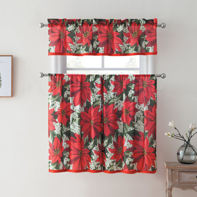 The Holiday Aisle® Home Pretty Poinsettia 3-Piece Rod Pocket Holiday Kitchen Curtain Set