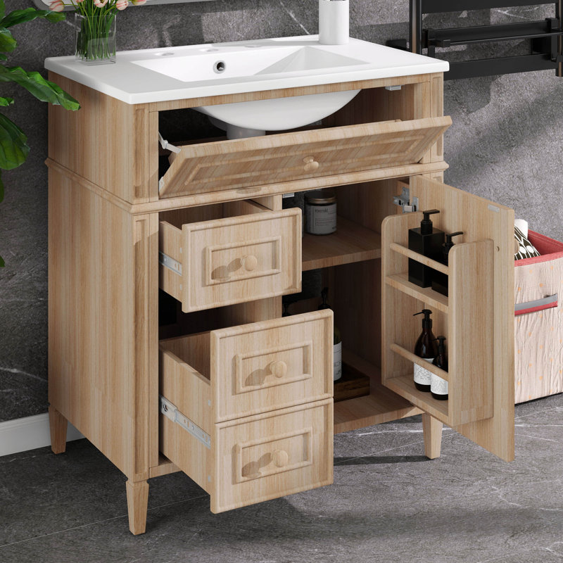Meuble-lavabo de 30 po avec lavabo, meuble-lavabo de salle de bain Moderm avec 1 tiroir rabattable, 2 tiroirs, support de rangement sur 2 niveaux et tablette réglable