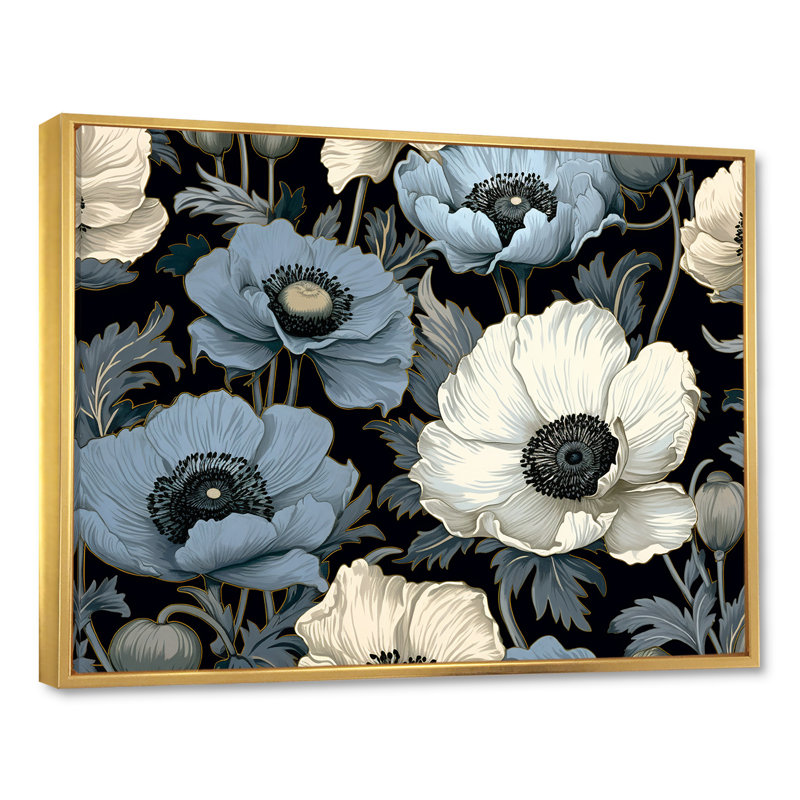 Coquelicots Euphoria bleu et gris I, Cadre flottant doré, H 34 po x l 44 po