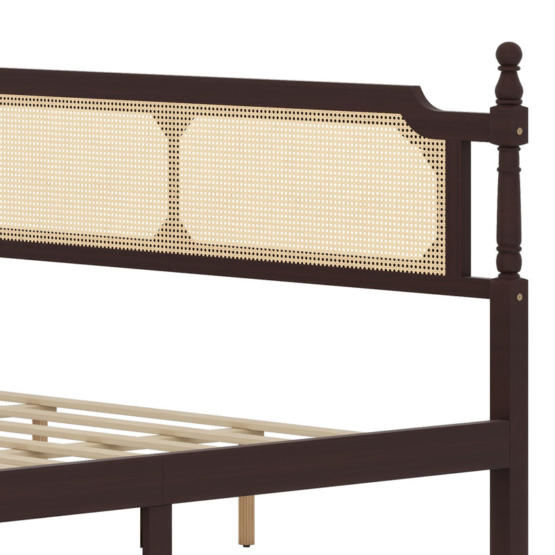 Lit en bois avec tête et pied de lit en rotin, King, Espresso