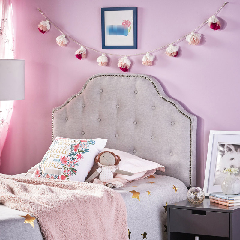 Twin Sized Headboard In Grey Featuring Stylish Button Tufting And Adjustable Legs Fabric With Elegant Nailhead Accents