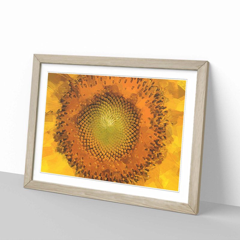 The Eye of a Yellow Sunflower in Abstract - Picture Frame Graphic Art Print, 48cm H x 65cm W x 2cm D, Oak Framed