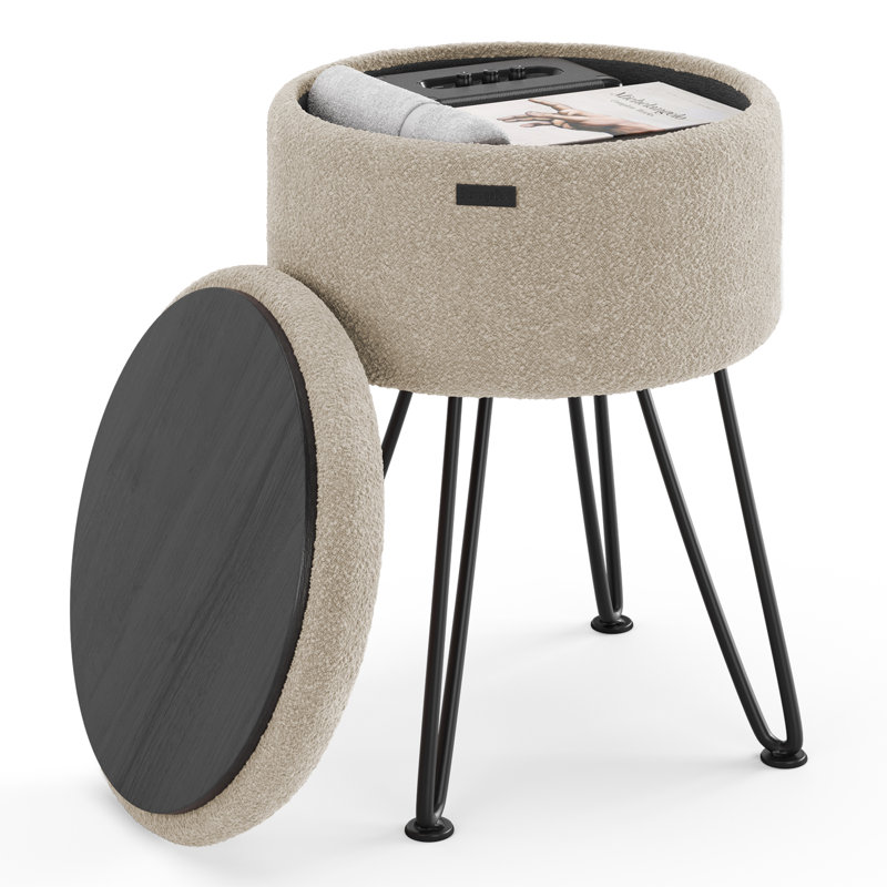 Modern Round Storage Ottoman Side Table, Black, Beige boucle 