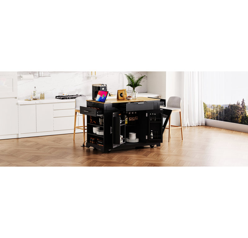 Kitchen Island With Trash Can Storage Cabinet, Rolling Kitchen Islands With Power Outlet And 3 Drawers