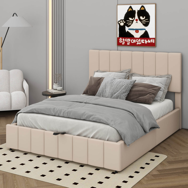 Lit plateforme tapissier luxueux avec système de rangement à levage hydraulique, Beige, Double