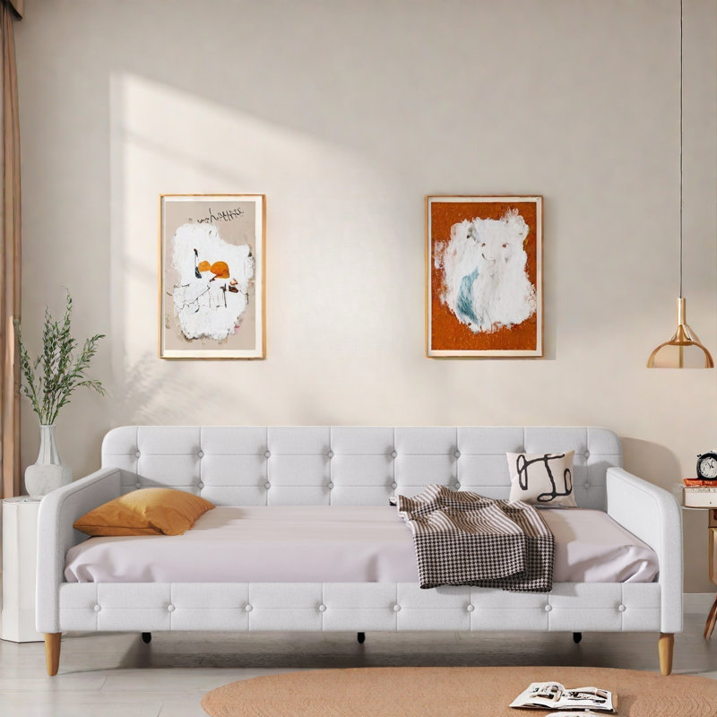 Lit de jour moderne rembourré avec 4 pieds de soutien et capitonnage à boutons, Simple, Blanc / Blanc