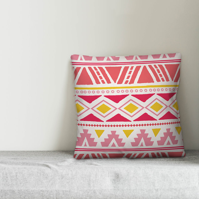  Coussin Tribal, 18" x 18", Rouge / rose / citron, Polyester/ Bourre en polyester