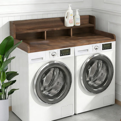 (58 po de largeur x 28 po de profondeur) Comptoir de laveuse-sécheuse avec patins antidérapants, tablette de bois pour la lessive avec rebord, organisateur double couche pour la laveuse et la sécheuse