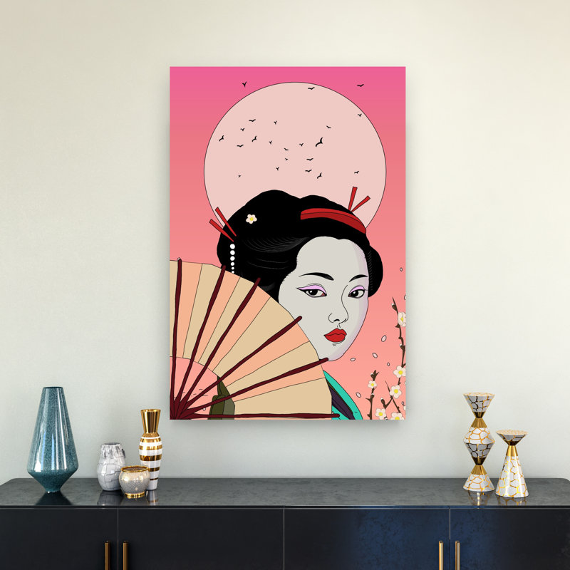 «Elegant Geisha Pink Moon Elegant Serene Traditional Bird Cherry Portrait Landscape Art», H 36 po x l 24 po