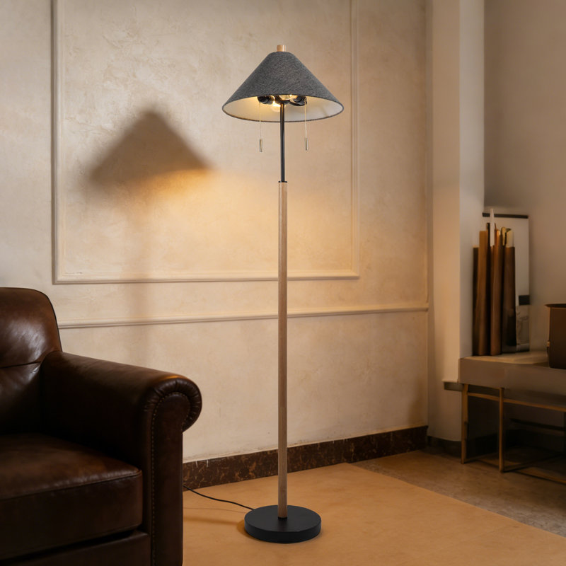 2-Light Rubber Wood Floor Lamp with Linen Shade